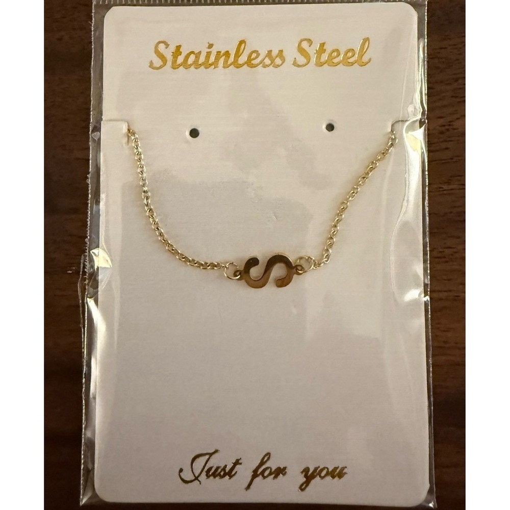 Dainty Stainless Steel Gold "S" Initial Necklace Sideways Letter Delicate NEW!